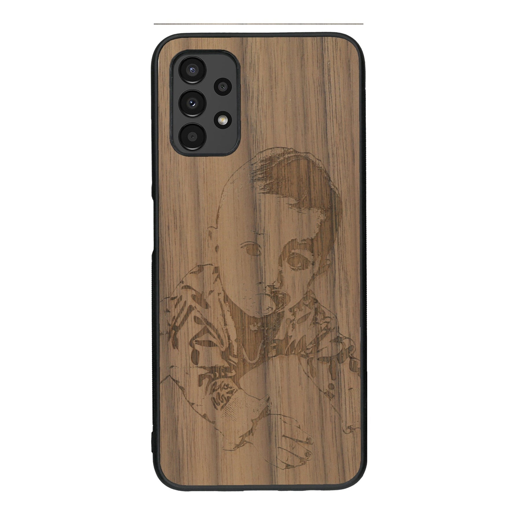 Coque de protection en bois véritable fabriquée en France pour Samsung A13 avec gravure personnalisée à partir d'une photo, d'une image, d'un logo, des initials ou d'une phrase