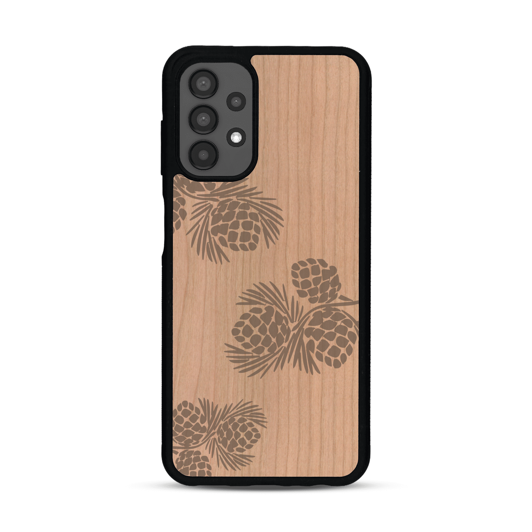 Coque de protection en bois véritable fabriquée en France pour  sur le thème de la nature des arbres avec un motif de gravure représentant des épines de sapin et des pommes de pin