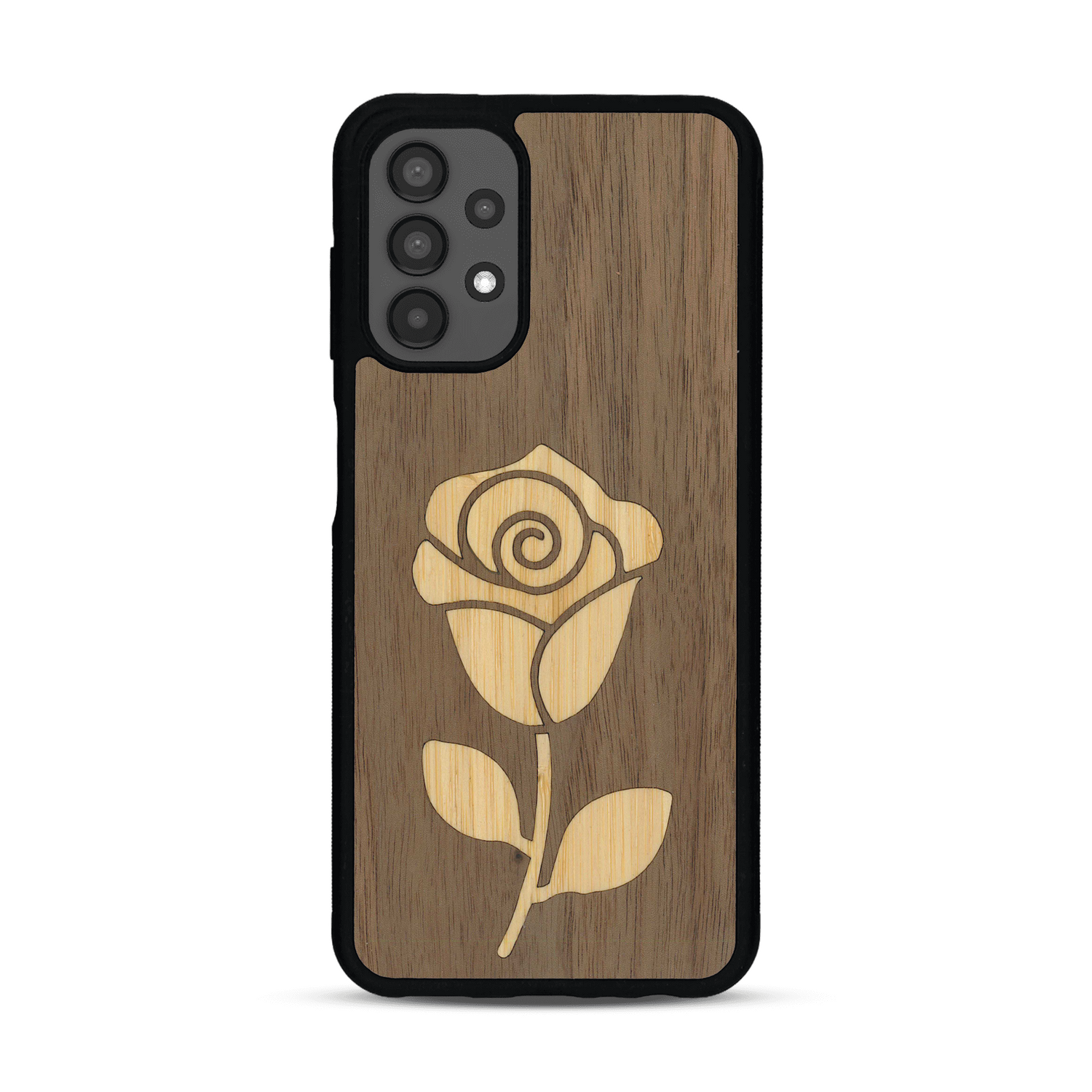 Coque de protection en bois véritable fabriquée en France pour Samsung A13 alliant plusieurs essences de bois pour représenter une rose