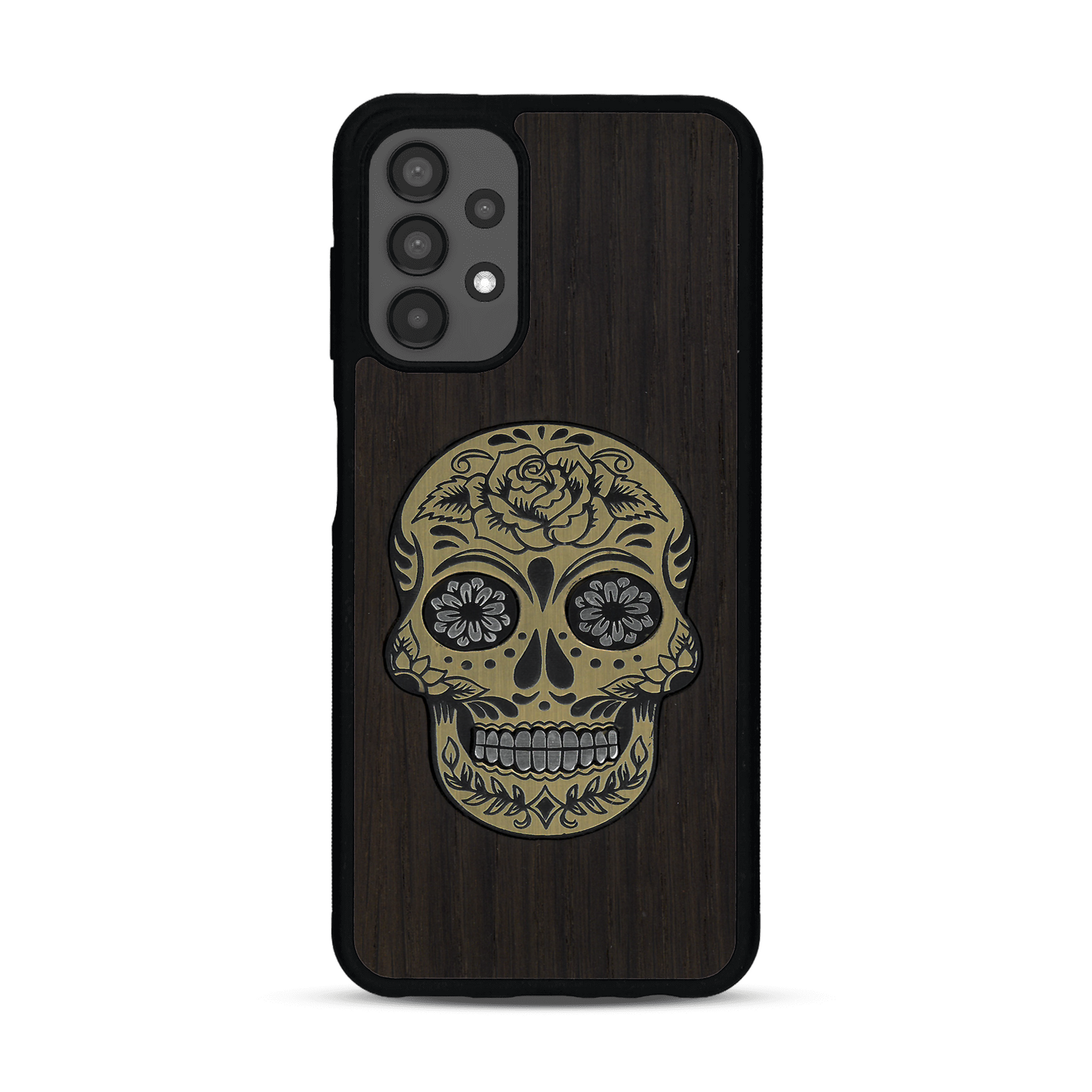 Coque de protection en bois véritable fabriquée en France pour  alliant du chêne fumé avec du métal argenté et doré représentant une tête de mort mexicaine sur le thème Dia de los Muertos