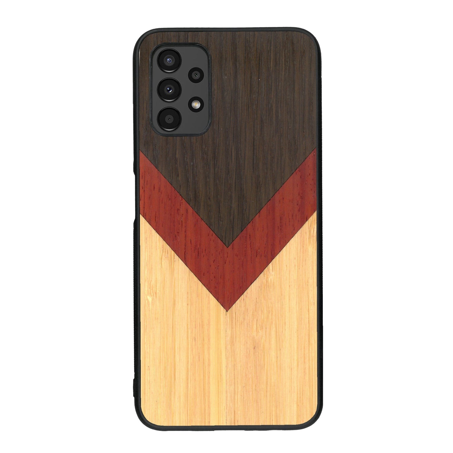 Coque de protection en bois véritable fabriquée en France pour Samsung A13 alliant du chêne fumé, du padouk et du bambou en forme de chevron sur le thème de l'art abstrait