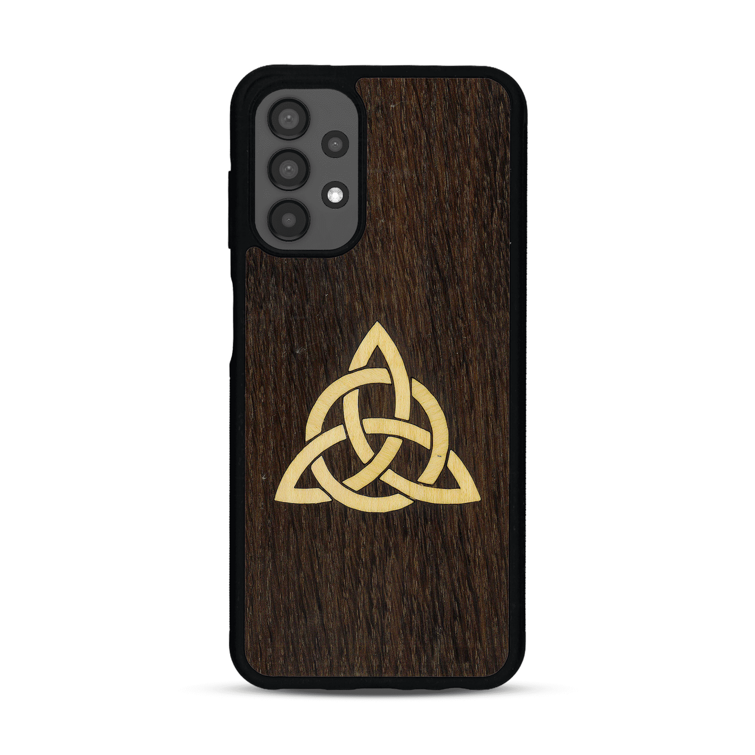 Coque de protection en bois véritable fabriquée en France pour  alliant du chêne fumé et du bambou représentant une triquetra
