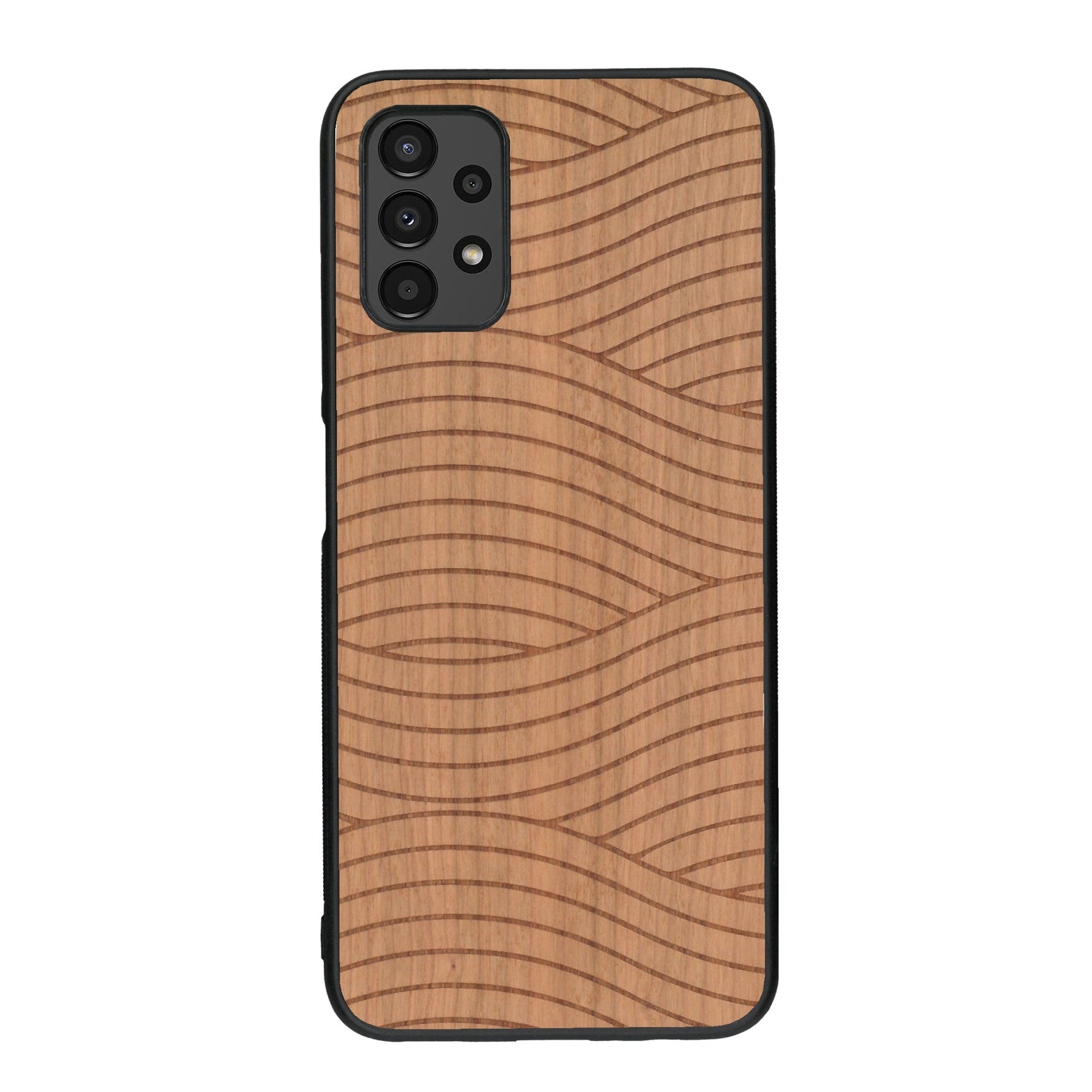 Coque de protection en bois véritable fabriquée en France pour Samsung A13 avec un motif moderne et minimaliste sur le thème waves et wavy représentant les vagues de l'océan