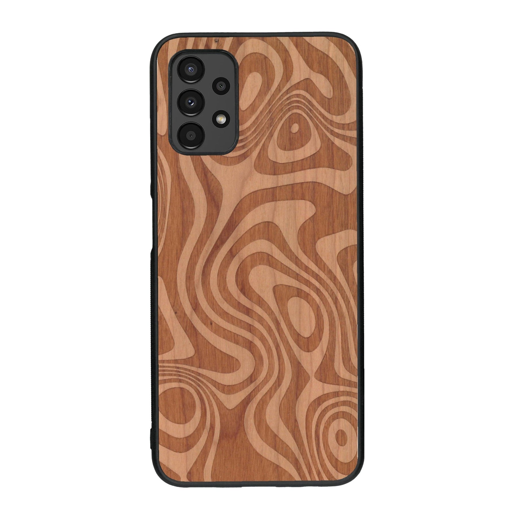 Coque de protection en bois véritable fabriquée en France pour Samsung A13 avec un motif abstrait représentant les mouvements de l'eau