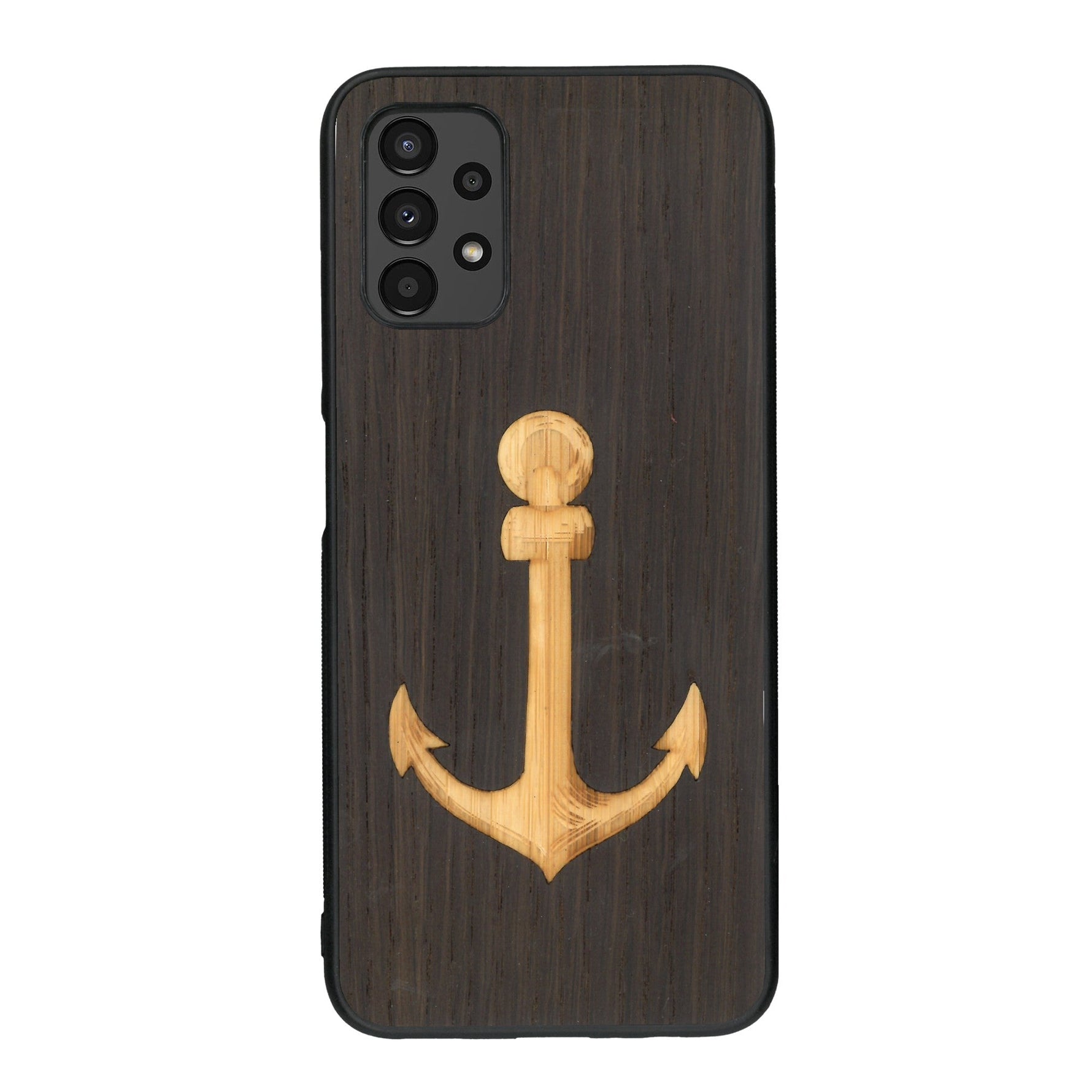 Coque de protection en bois véritable fabriquée en France pour Samsung A13 sur le thème nautique avec un bois clair et un bois foncé représentant une ancre de bateau