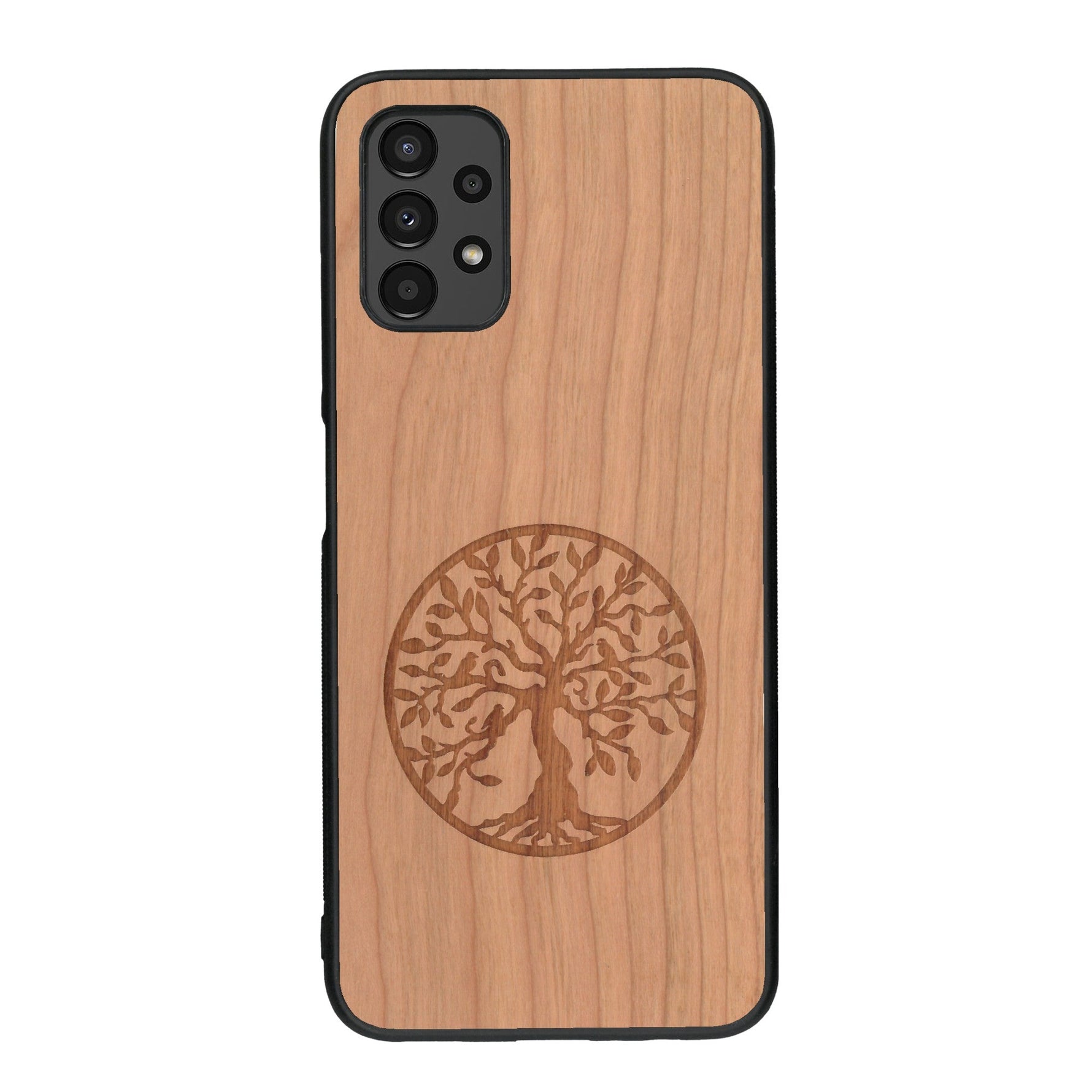 Coque de protection en bois véritable fabriquée en France pour Samsung A13 sur le thème de la spiritualité et du yoga avec une gravure zen représentant un arbre de vie