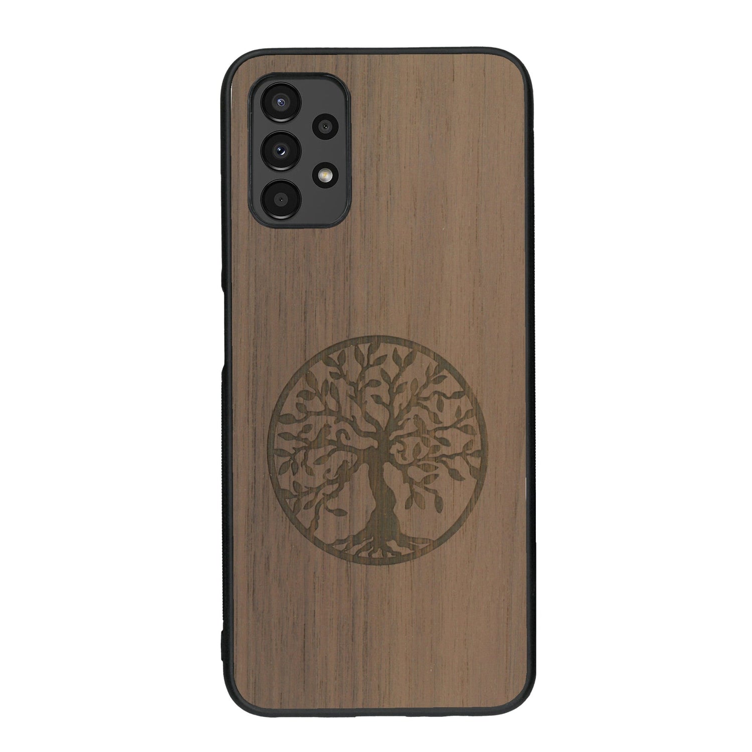 Coque de protection en bois véritable fabriquée en France pour Samsung A13 sur le thème de la spiritualité et du yoga avec une gravure zen représentant un arbre de vie
