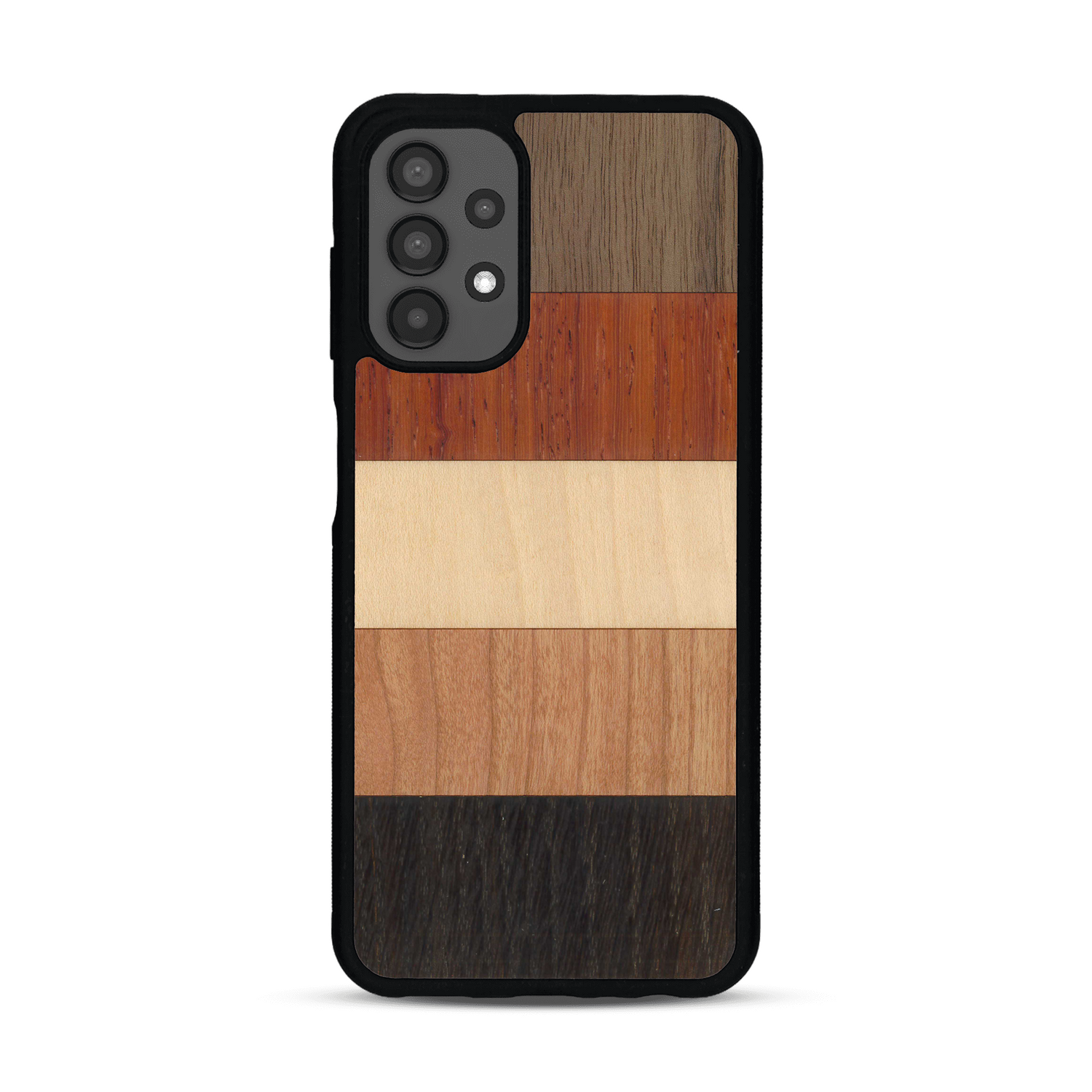 Coque de protection en bois véritable fabriquée en France pour  alliant des bandes horizontales de bambou, merisier, padouk, noyer et chêne fumé