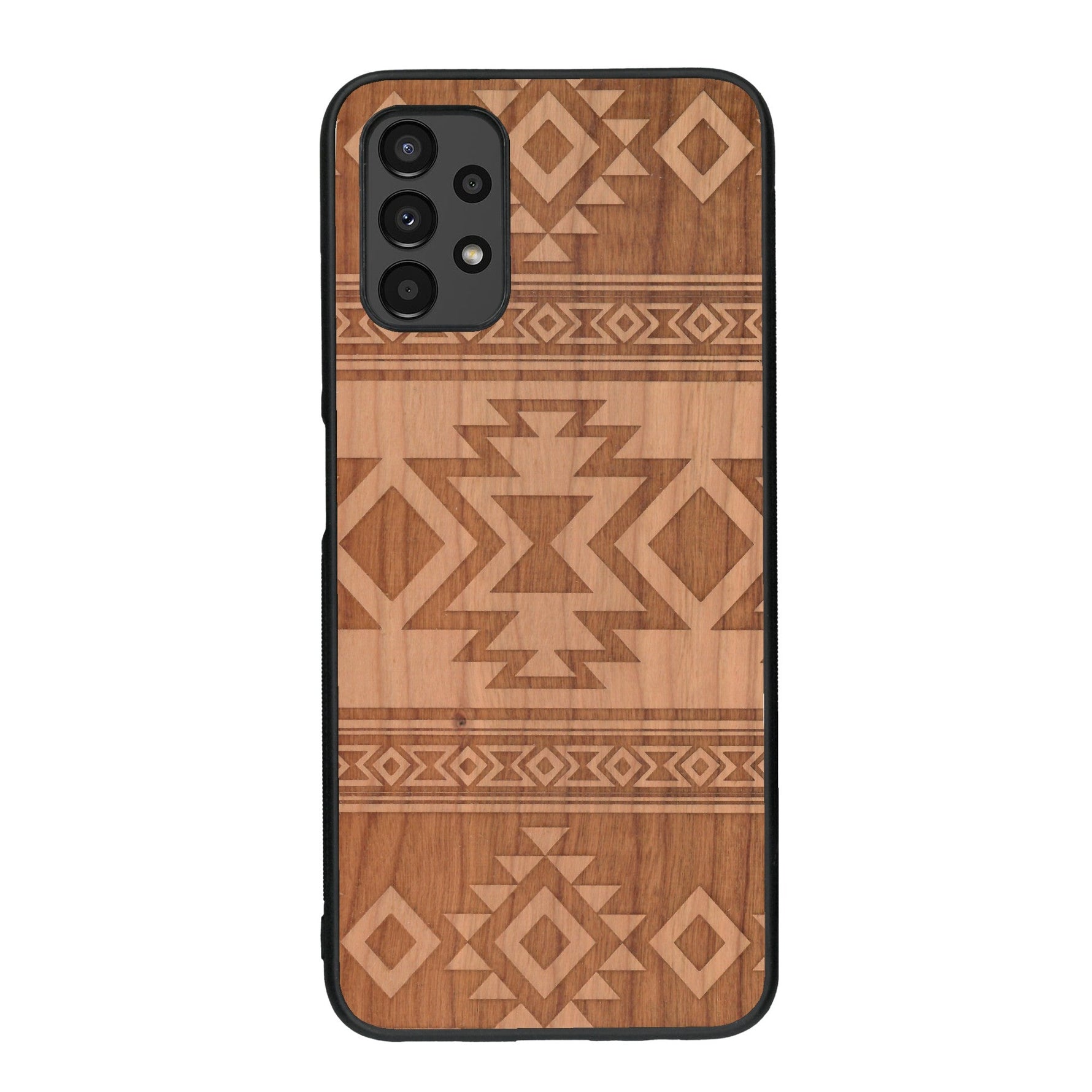Coque de protection en bois véritable fabriquée en France pour Samsung A13 avec des motifs géométriques s'inspirant des temples aztèques, mayas et incas