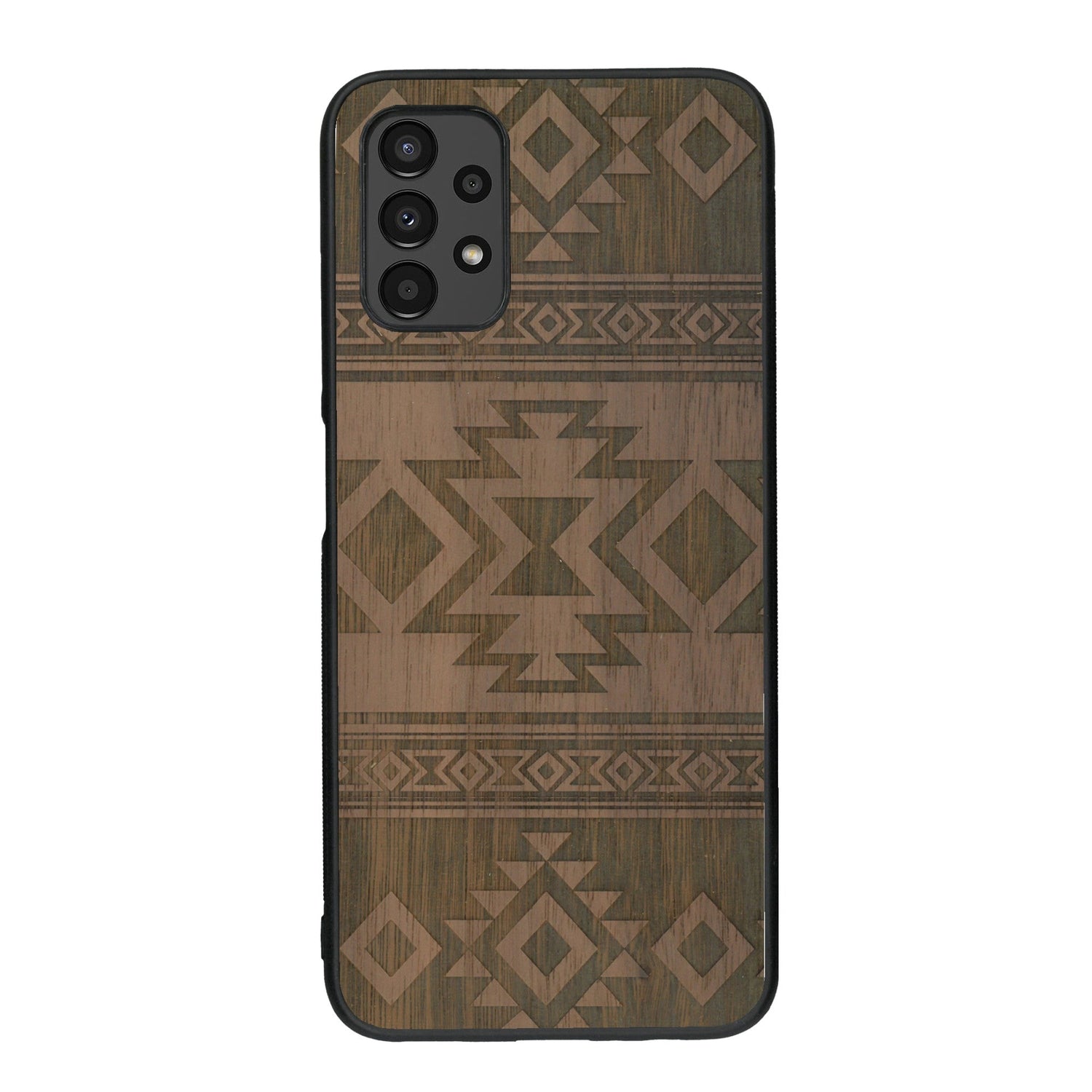 Coque de protection en bois véritable fabriquée en France pour Samsung A13 avec des motifs géométriques s'inspirant des temples aztèques, mayas et incas