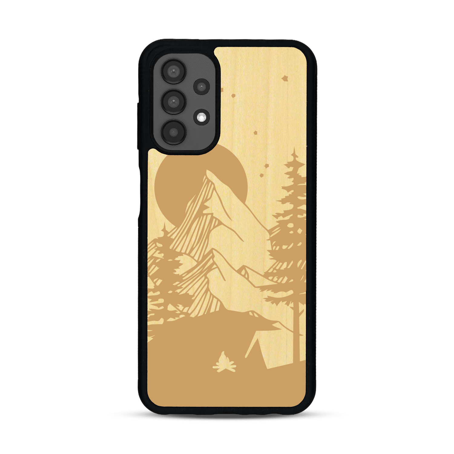 Coque de protection en bois véritable fabriquée en France pour  sur le thème du camping en pleine nature représentant une tente avec un feu de camp entouré de montagnes