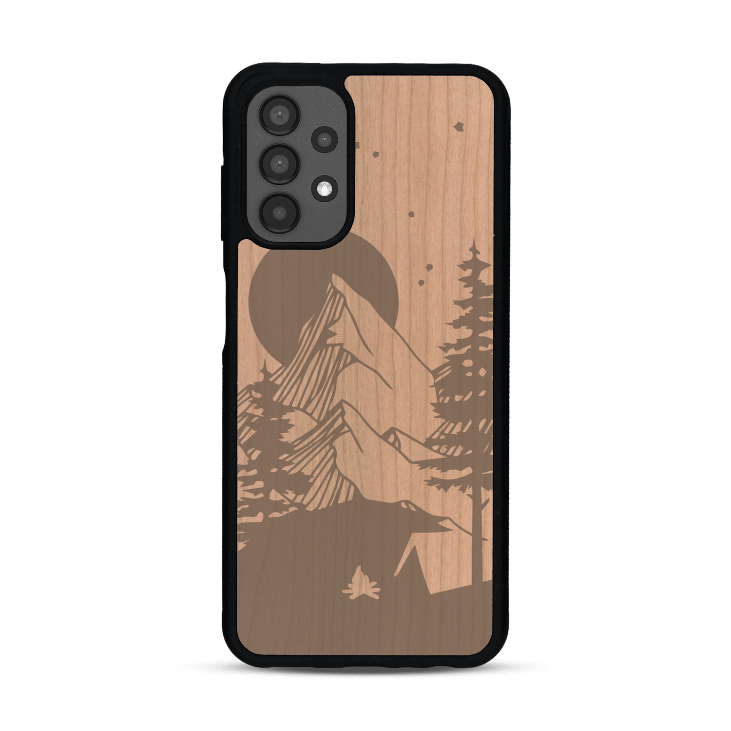 Coque de protection en bois véritable fabriquée en France pour  sur le thème du camping en pleine nature représentant une tente avec un feu de camp entouré de montagnes