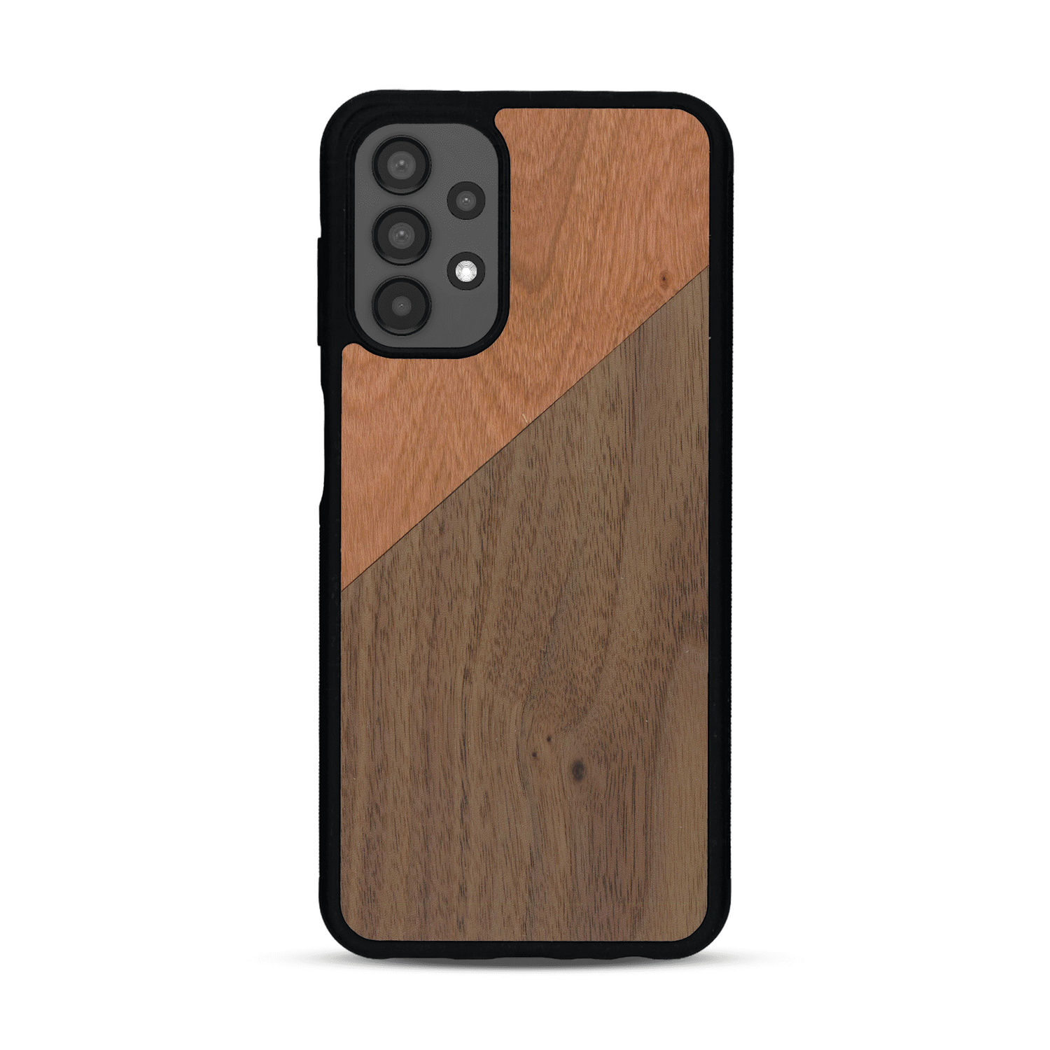 Coque de protection en bois véritable fabriquée en France pour  alliant du merisier et du noyer formant chacun un triangle avec une jointure en diagonale sur le thème de l'art abstrait