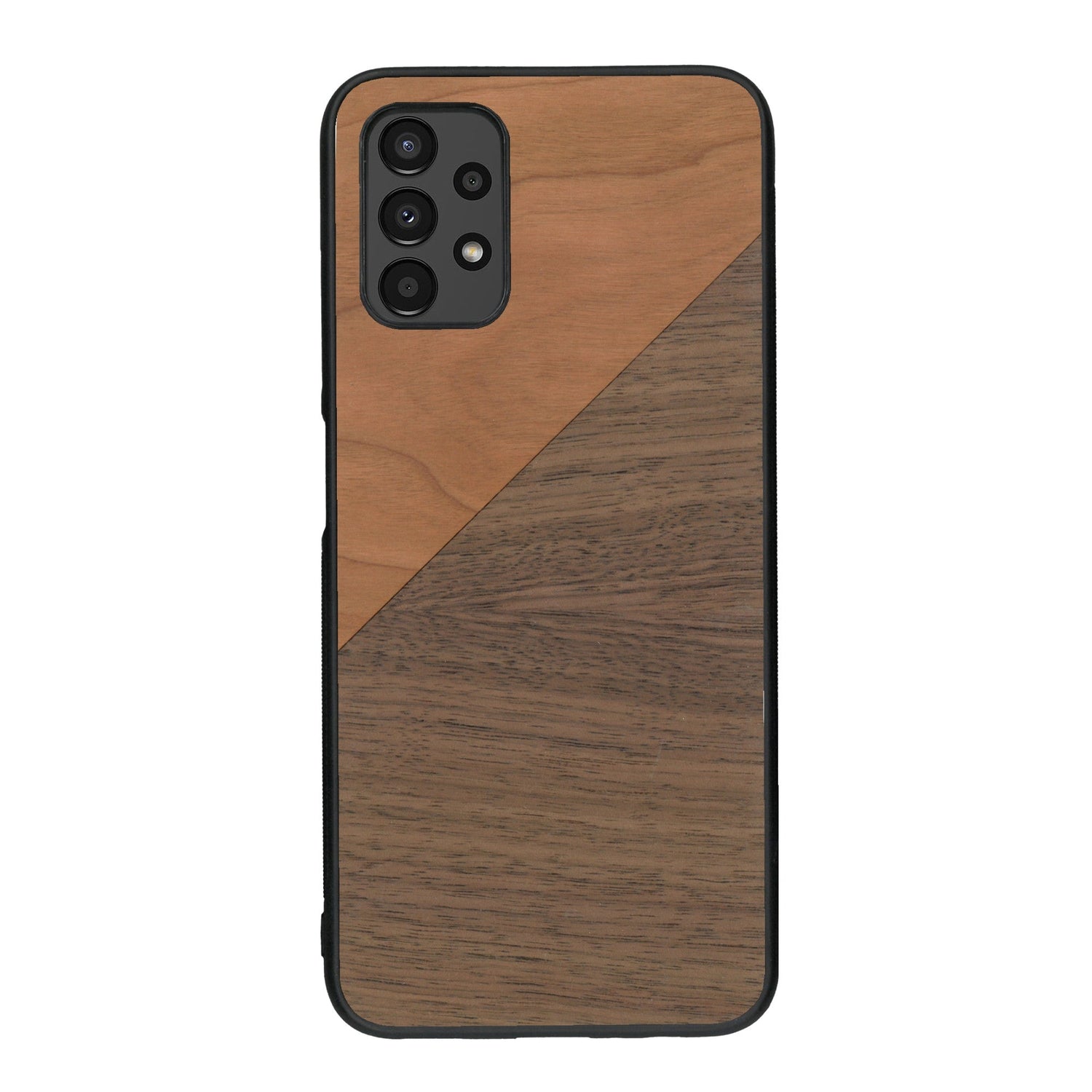 Coque de protection en bois véritable fabriquée en France pour Samsung A13 alliant du merisier et du noyer formant chacun un triangle avec une jointure en diagonale sur le thème de l'art abstrait