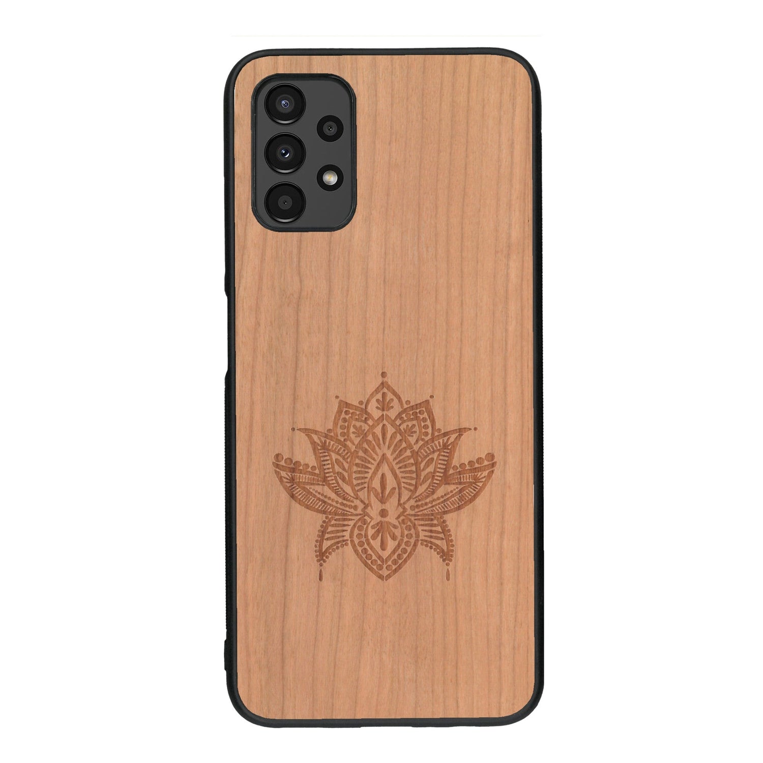 Coque de protection en bois véritable fabriquée en France pour Samsung A13 sur le thème de la nature et du yoga avec une gravure zen représentant une fleur de lotus