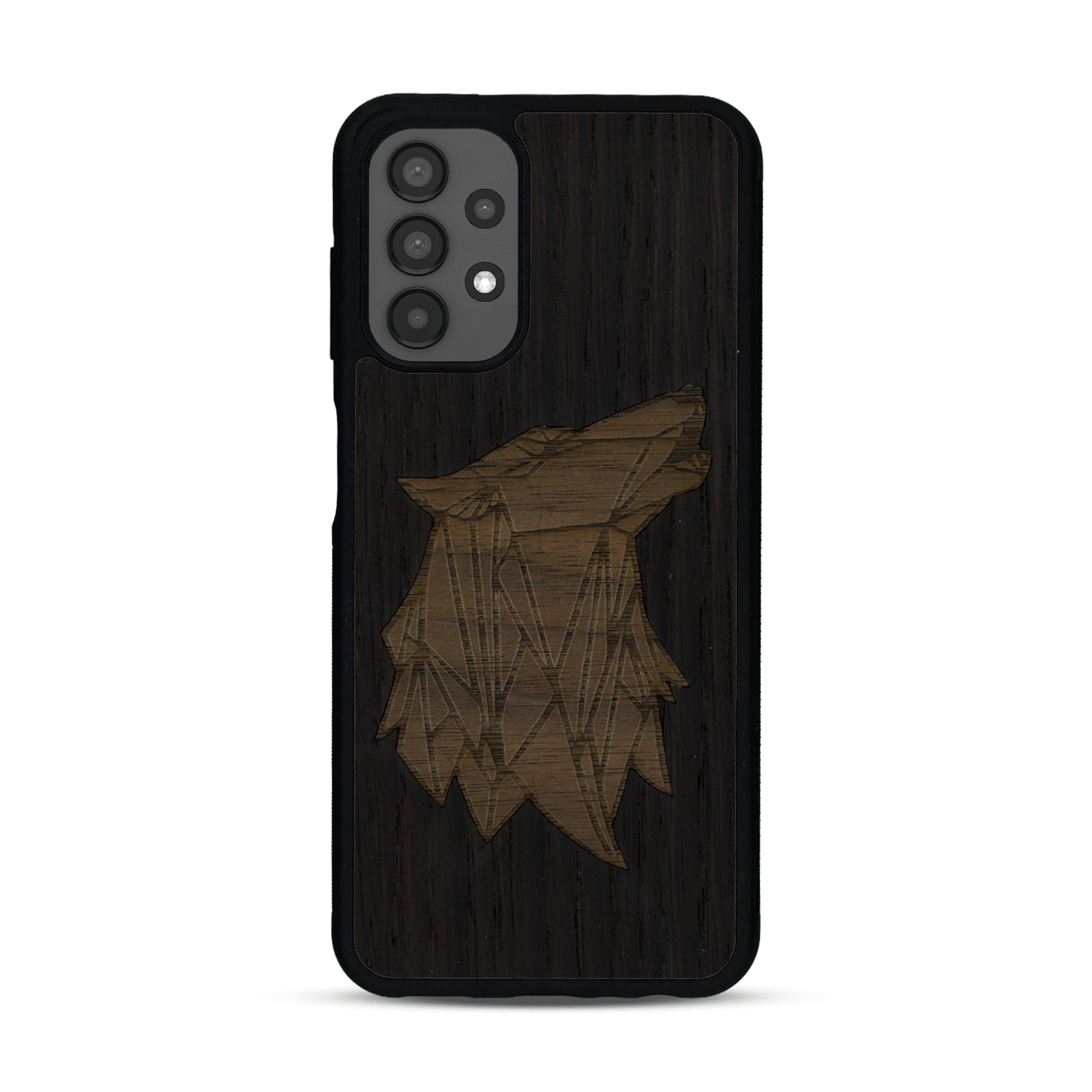 Coque de protection en bois véritable fabriquée en France pour  alliant du chêne fumé et du noyer représentant une tête de loup géométrique de profil sur le thème des animaux et de la nature