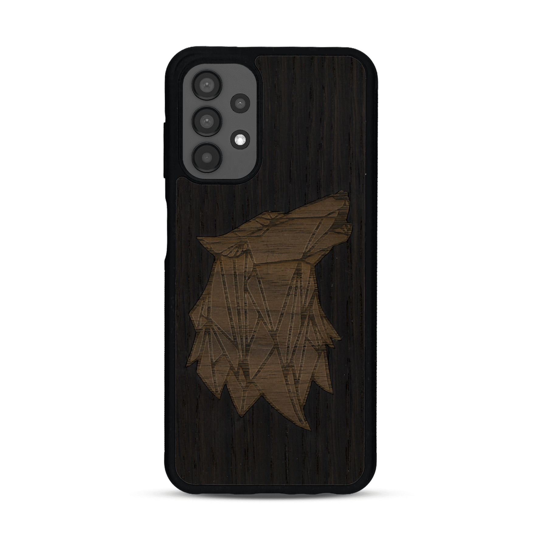 Coque de protection en bois véritable fabriquée en France pour  alliant du chêne fumé et du noyer représentant une tête de loup géométrique de profil sur le thème des animaux et de la nature