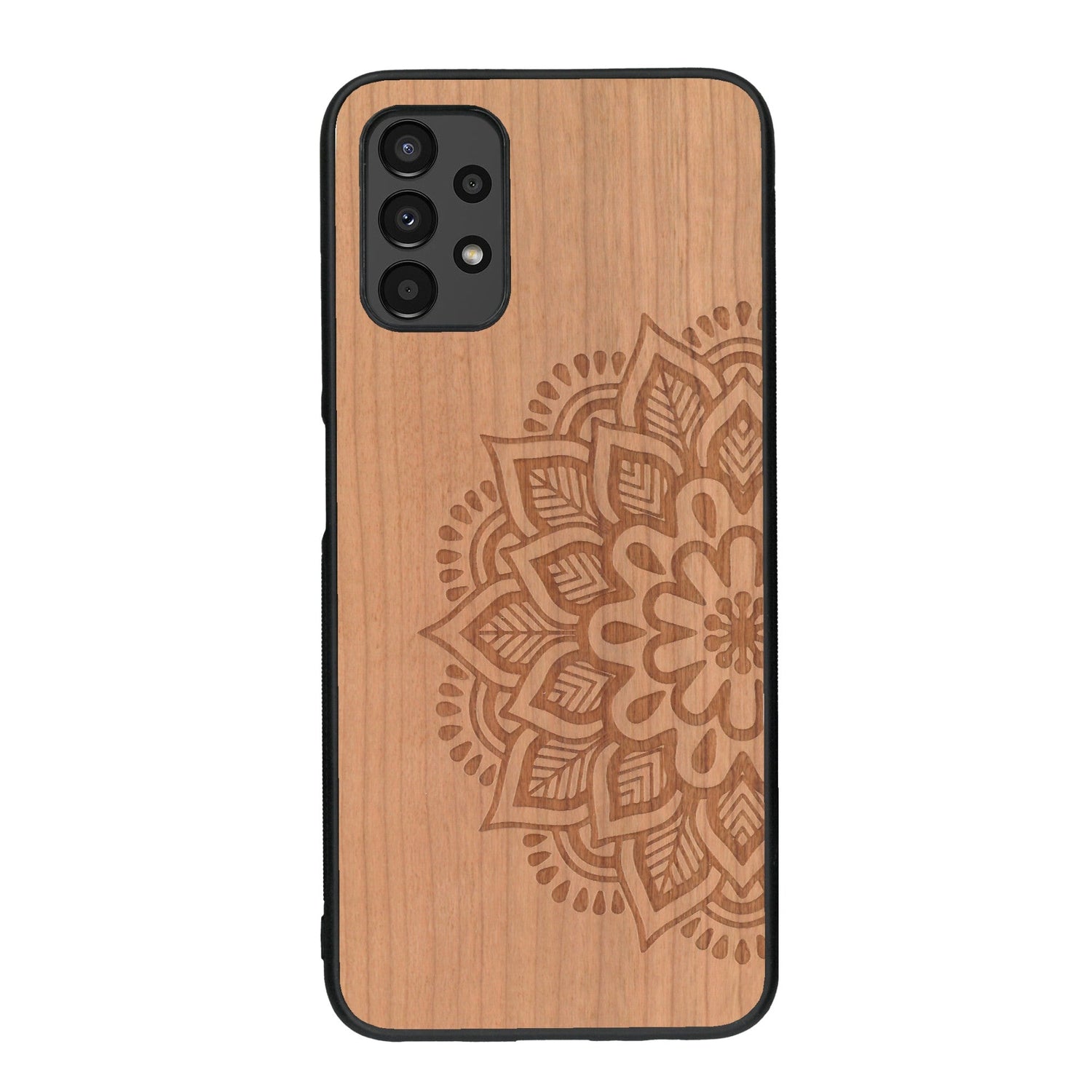Coque de protection en bois véritable fabriquée en France pour Samsung A13 sur le thème de la bohème et du tatouage au henné avec une gravure représentant un mandala