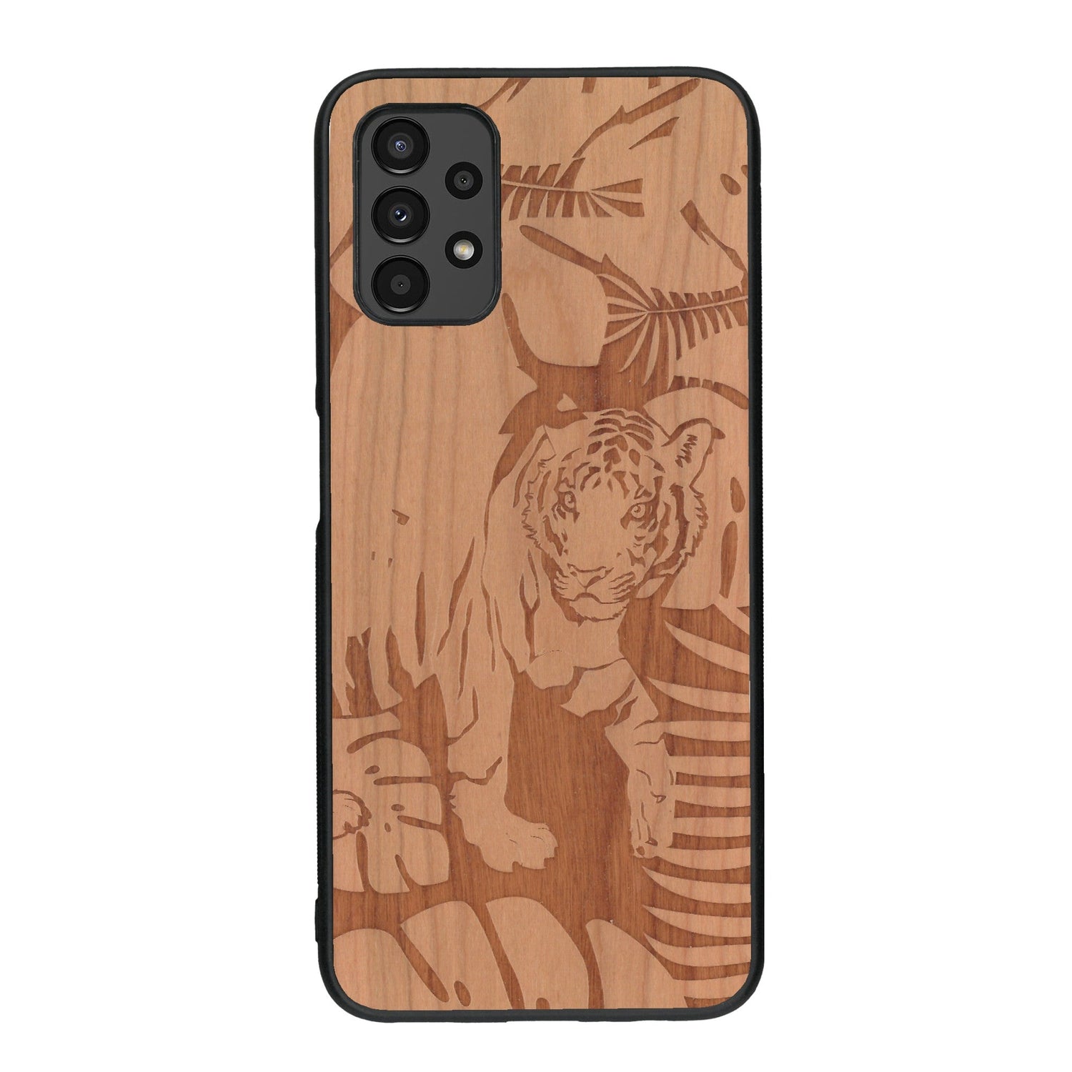 Coque de protection en bois véritable fabriquée en France pour Samsung A13 sur le thème de la nature et des animaux représentant un tigre dans la jungle entre des fougères