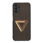 Coque de protection en bois véritable fabriquée en France pour Samsung A13 sur le thème de l'art géométrique qui allie du chêne fumé, du noyer, du bambou et du padouk représentant le triangle de penrose