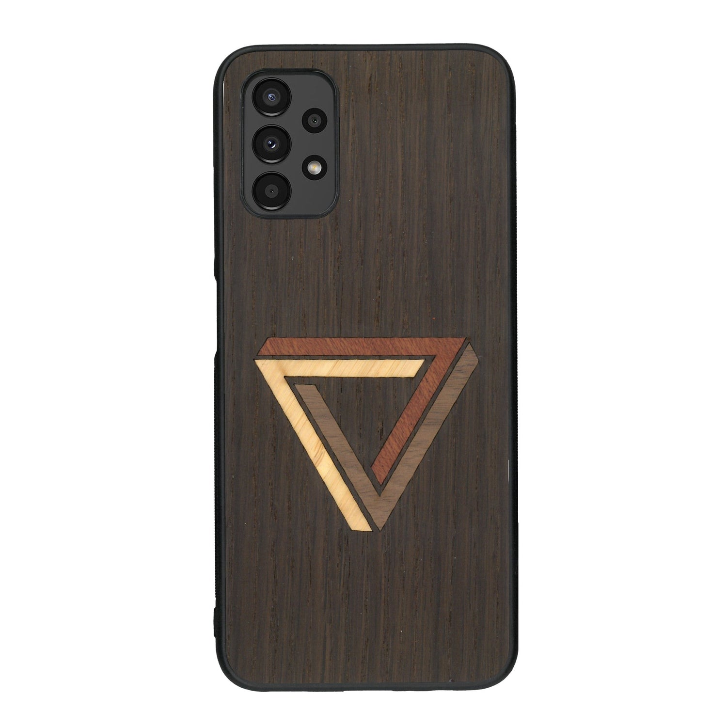 Coque de protection en bois véritable fabriquée en France pour Samsung A13 sur le thème de l'art géométrique qui allie du chêne fumé, du noyer, du bambou et du padouk représentant le triangle de penrose