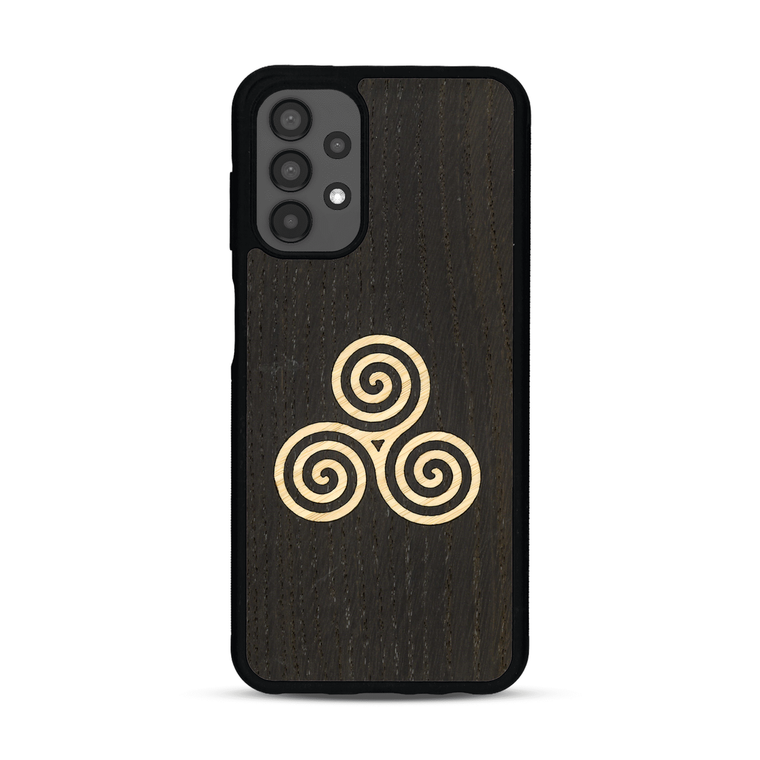 Coque de protection en bois véritable fabriquée en France pour  alliant du chêne fumé et du bambou et doré représentant un triskell