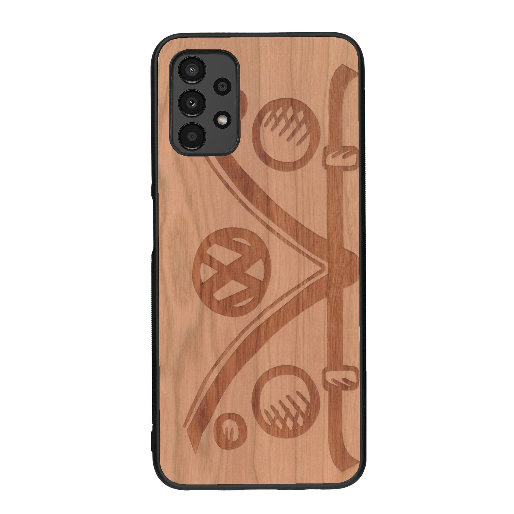 Coque de protection en bois véritable fabriquée en France pour Samsung A13 sur le thème de l'automobile avec un van combi