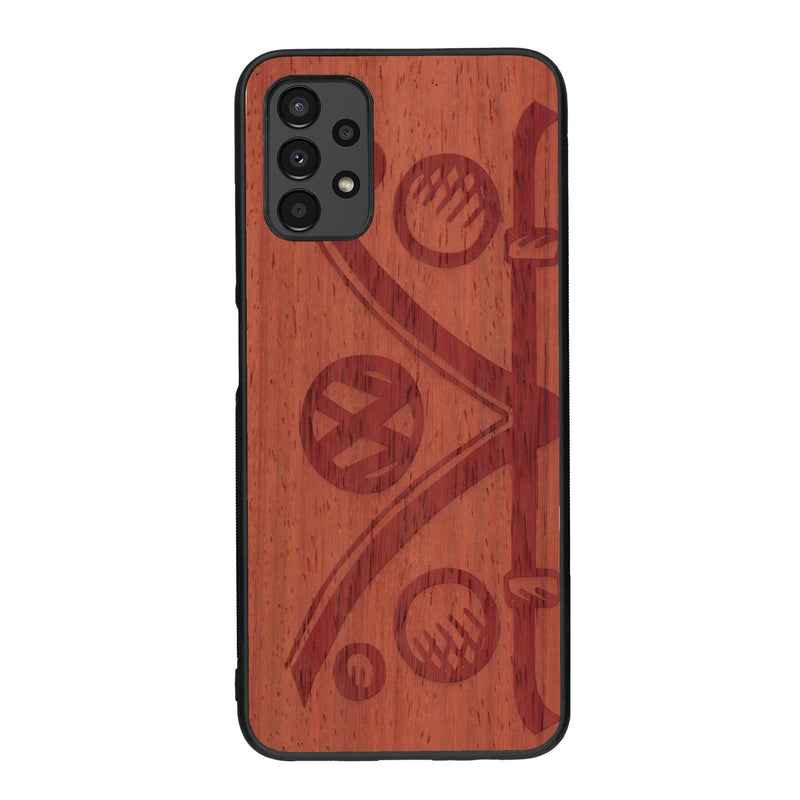 Coque de protection en bois véritable fabriquée en France pour Samsung A13 sur le thème de l'automobile avec un van combi
