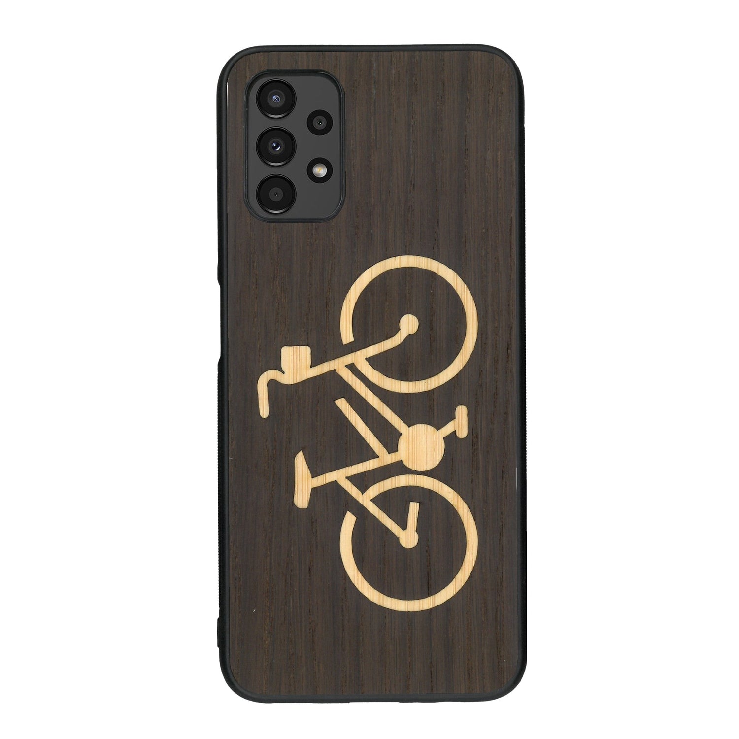 Coque de protection en bois véritable fabriquée en France pour Samsung A13 sur le theme du vélo et de l'outdoor qui allie du bambou et du chêne fumé représentant un vélo