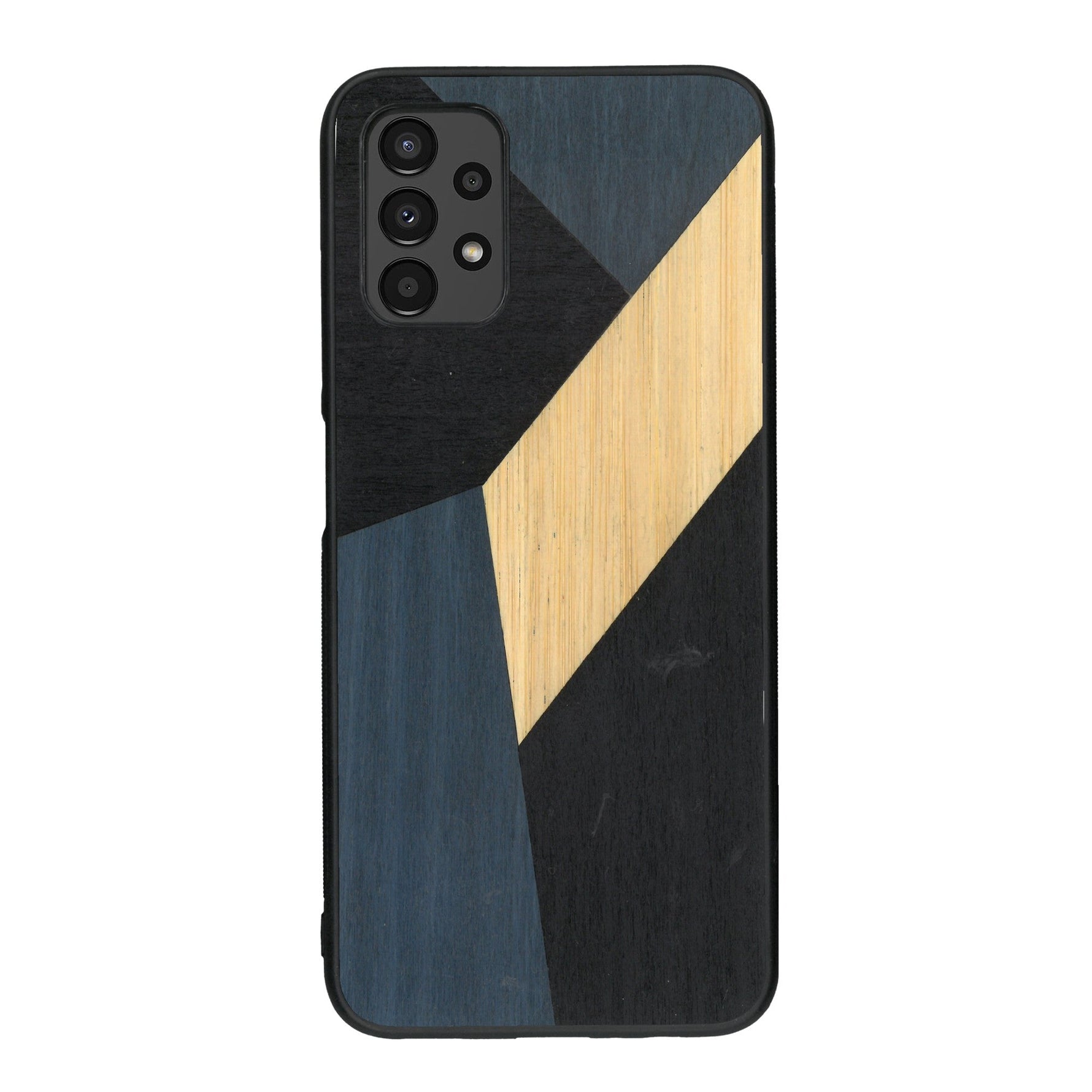 Coque de protection en bois véritable fabriquée en France pour Samsung A13 alliant du bambou, du tulipier bleu et noir en forme de mosaïque minimaliste sur le thème de l'art abstrait
