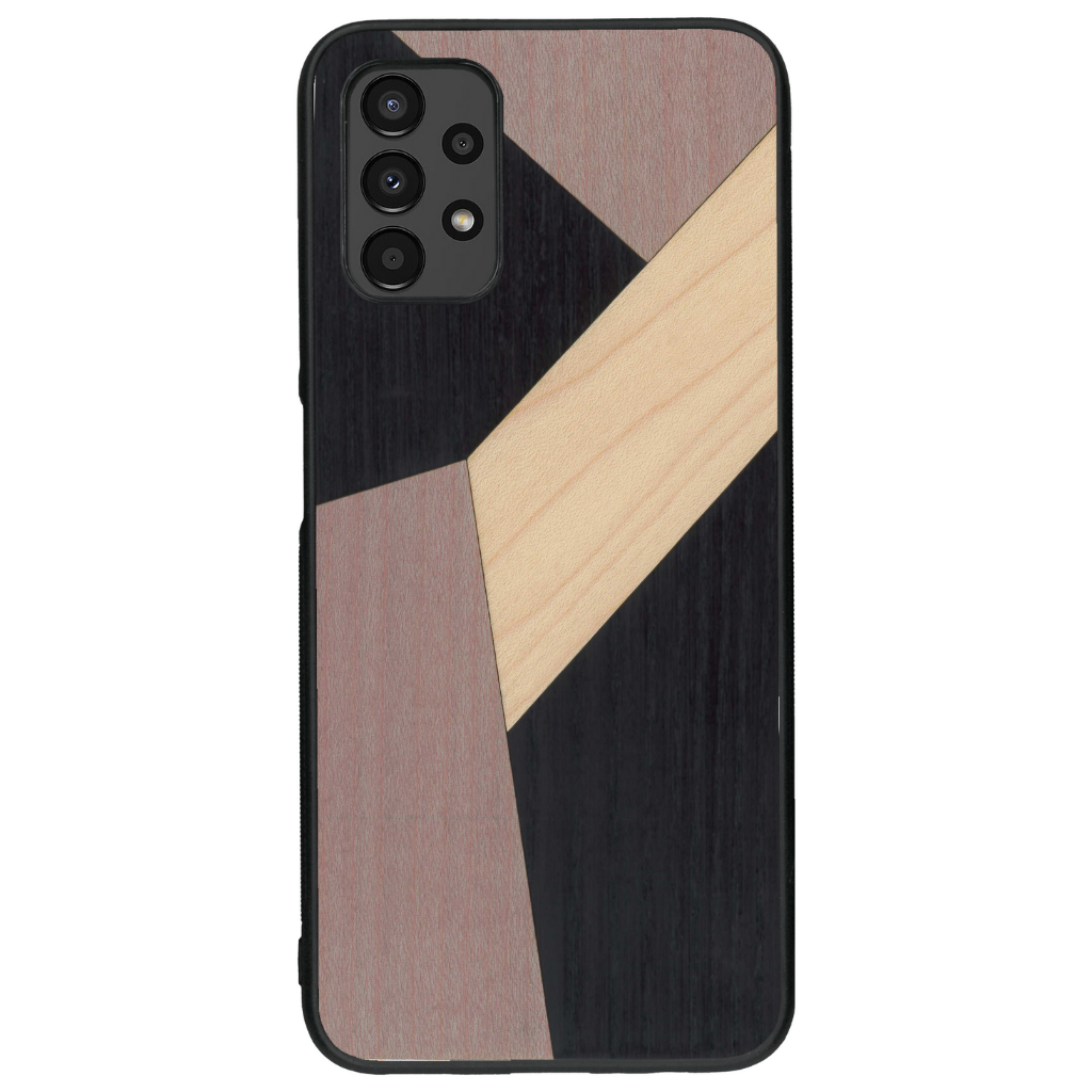 Coque de protection en bois véritable fabriquée en France pour Samsung A13 alliant du bambou, du tulipier mauve et noir en forme de mosaïque minimaliste sur le thème de l'art abstrait