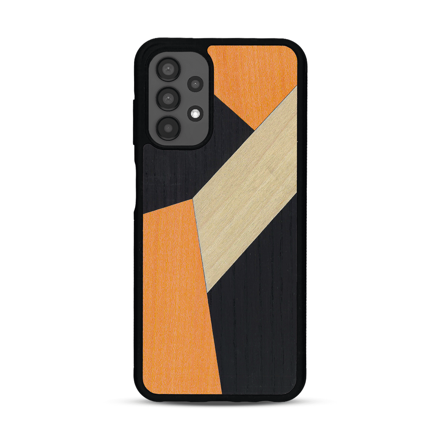 Coque de protection en bois véritable fabriquée en France pour Samsung A13 alliant du bambou, du tulipier orange et noir en forme de mosaïque minimaliste sur le thème de l'art abstrait