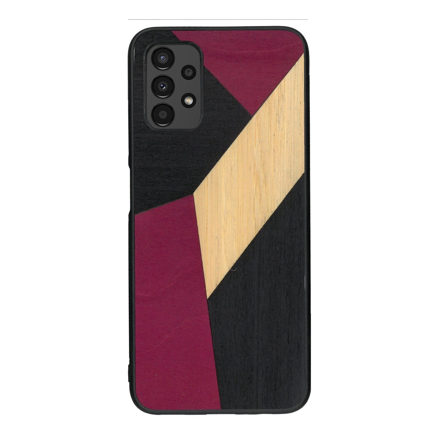 Coque de protection en bois véritable fabriquée en France pour Samsung A13 alliant du bambou, du tulipier rose et noir en forme de mosaïque minimaliste sur le thème de l'art abstrait