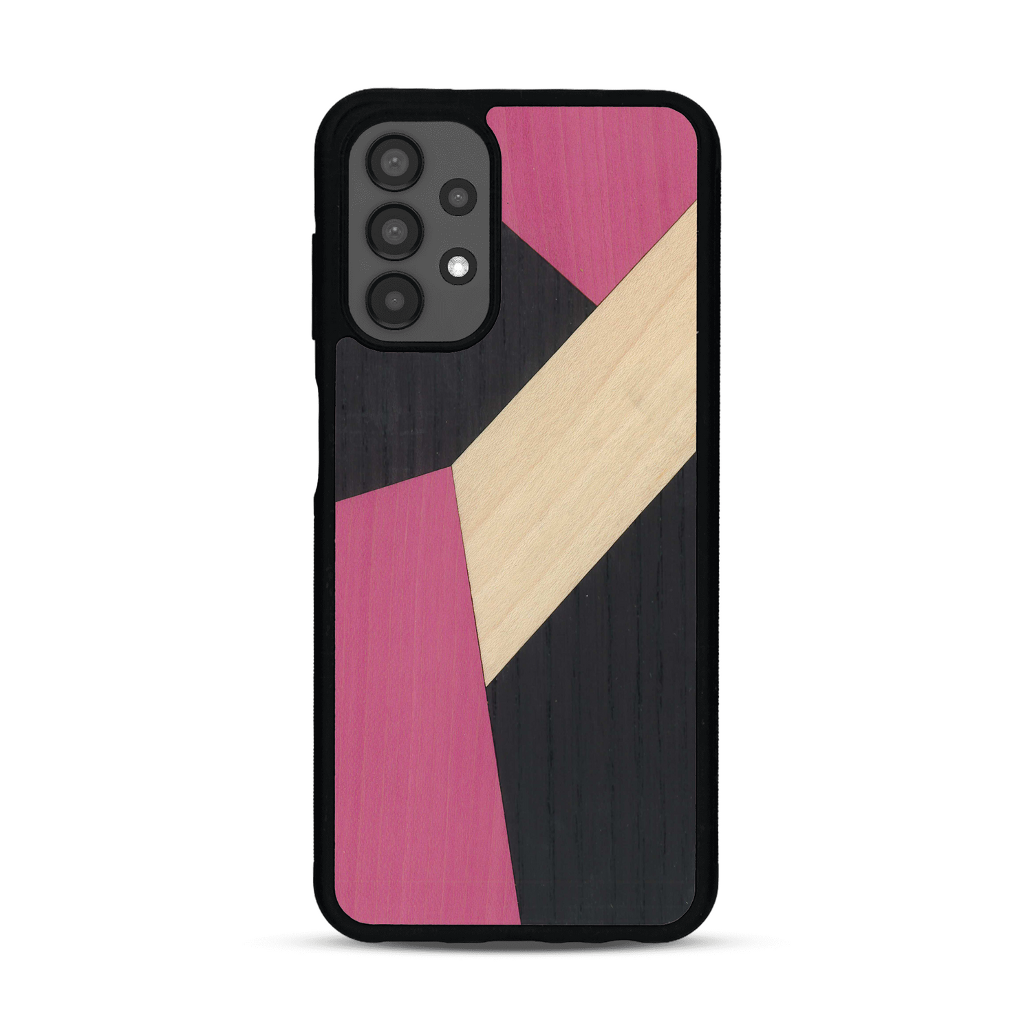 Coque de protection en bois véritable fabriquée en France pour  alliant du bambou, du tulipier rose et noir en forme de mosaïque minimaliste sur le thème de l'art abstrait