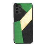 Coque de protection en bois véritable fabriquée en France pour Samsung A13 alliant du bambou, du tulipier vert et noir en forme de mosaïque minimaliste sur le thème de l'art abstrait