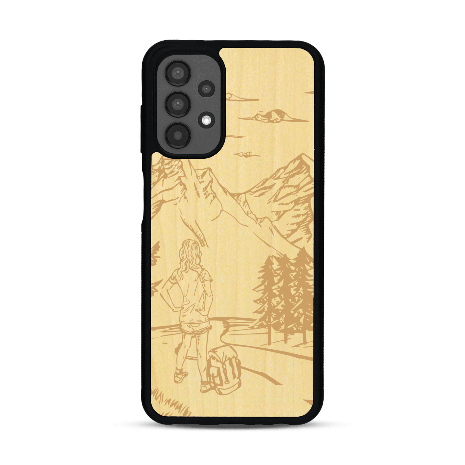 Coque de protection en bois véritable fabriquée en France pour  sur le thème de la randonnée en montagne et de l'aventure avec une gravure représentant une femme de dos face à un paysage de nature