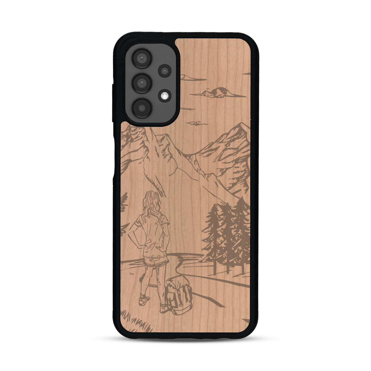 Coque de protection en bois véritable fabriquée en France pour  sur le thème de la randonnée en montagne et de l'aventure avec une gravure représentant une femme de dos face à un paysage de nature