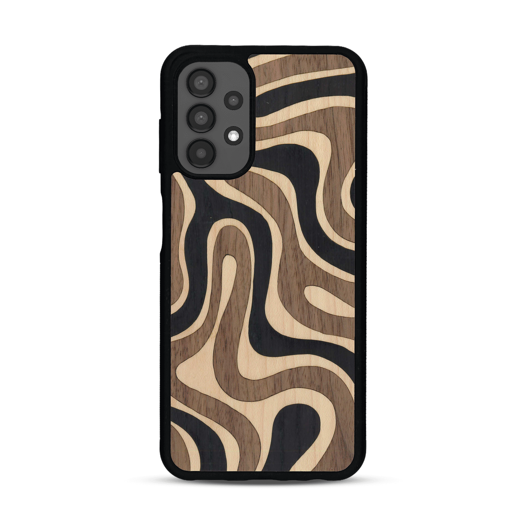 Coque de protection en bois véritable fabriquée en France pour Samsung A13 alliant plusieurs essences de bois pour représenter une ondulation
