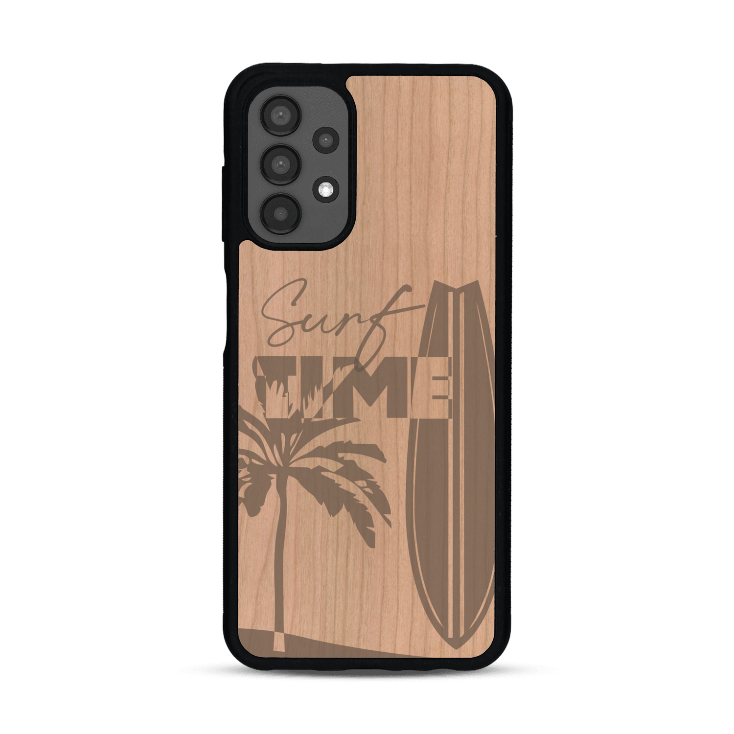 Coque de protection en bois véritable fabriquée en France pour  sur le thème chill avec un motif représentant une silouhette tenant une planche de surf sur une plage entouré de palmiers et les mots "Surf Time Long Beach Miami"