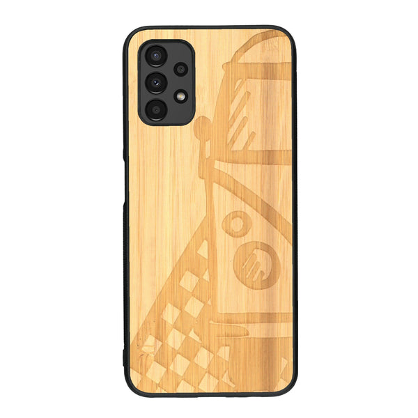 Coque de protection en bois véritable fabriquée en France pour Samsung A13 sur le thème du voyage avec un van combi