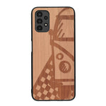 Coque de protection en bois véritable fabriquée en France pour Samsung A13 sur le thème du voyage avec un van combi