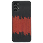 Coque de protection en bois véritable fabriquée en France pour Samsung A13 alliant plusieurs essences de bois pour représenter du magma en fusion