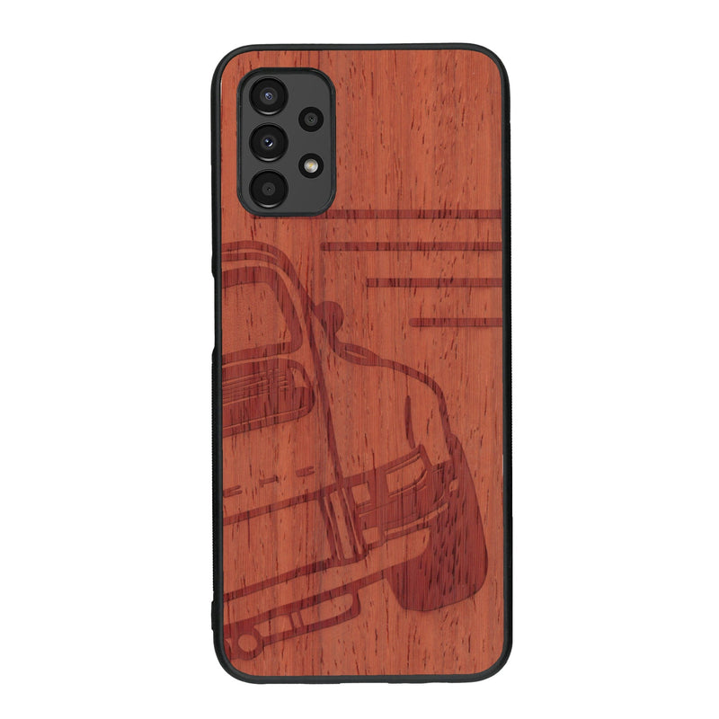 Coque de protection en bois véritable fabriquée en France pour Samsung A14 sur le thème de l'automobile avec une authentique Porsche