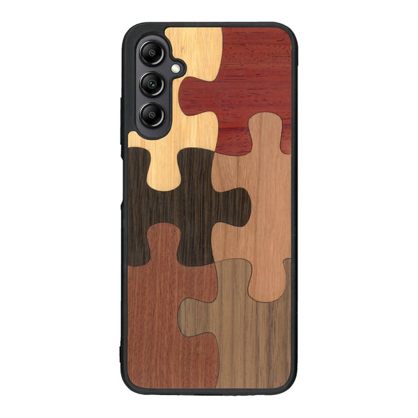 Coque de protection en bois véritable fabriquée en France pour Samsung A14 représentant un puzzle en six pièces qui allie du chêne fumé, du noyer, du bambou, du padouk, du merisier et de l'acajou