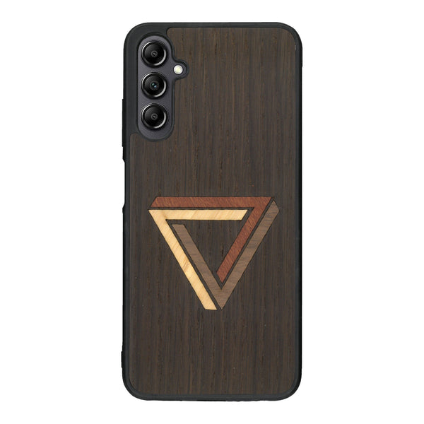 Coque de protection en bois véritable fabriquée en France pour Samsung A14 sur le thème de l'art géométrique qui allie du chêne fumé, du noyer, du bambou et du padouk représentant le triangle de penrose