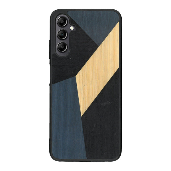 Coque de protection en bois véritable fabriquée en France pour Samsung A14 alliant du bambou, du tulipier bleu et noir en forme de mosaïque minimaliste sur le thème de l'art abstrait