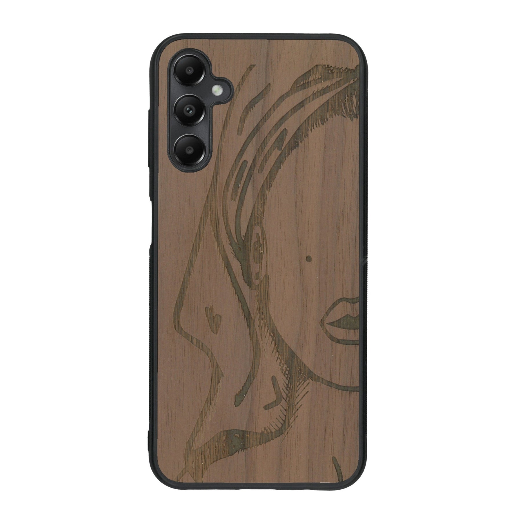 Coque de protection en bois véritable fabriquée en France pour Samsung A15 représentant une silhouette féminine épurée de type line art en collaboration avec l'artiste Maud Dabs