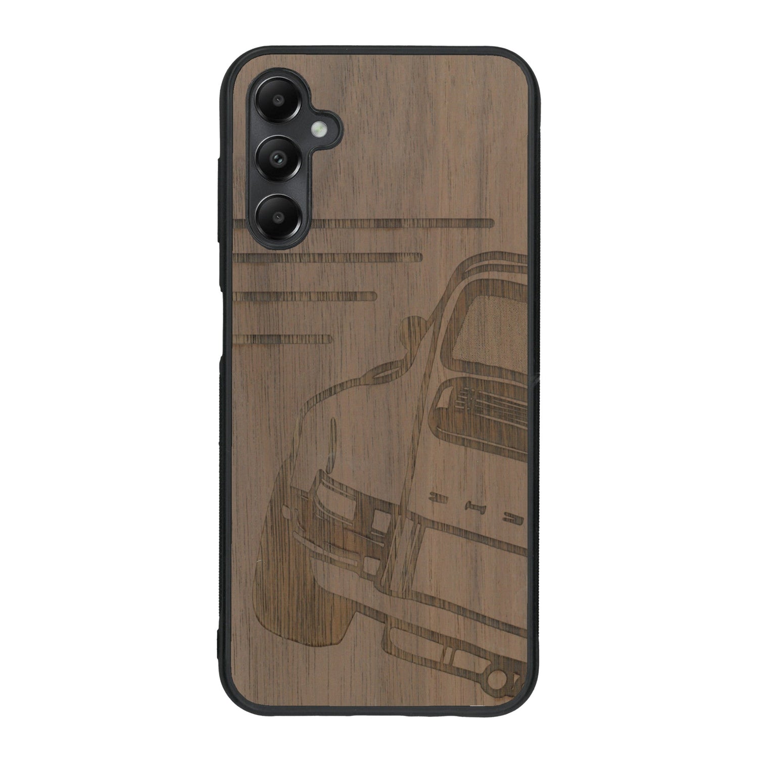 Coque de protection en bois véritable fabriquée en France pour Samsung A15 sur le thème de l'automobile avec une authentique Porsche