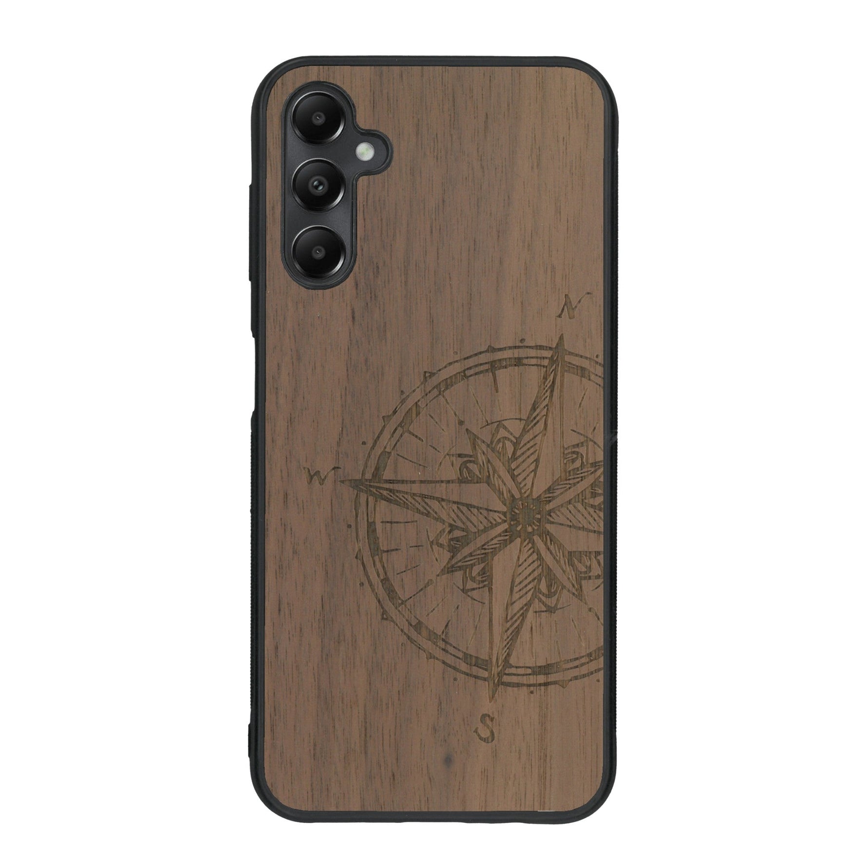 Coque de protection en bois véritable fabriquée en France pour Samsung A15 avec une gravure "rose des vents" sur le thème nautique et de l'océan qui s'inspire des boussoles de pirate