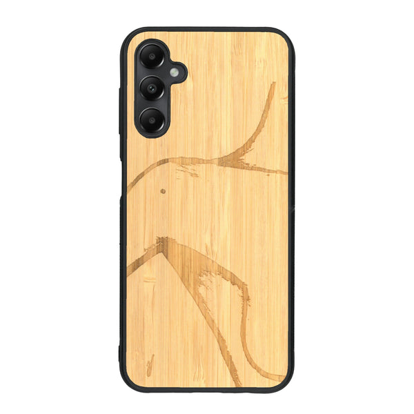 Coque de protection en bois véritable fabriquée en France pour Samsung A15 représentant une silhouette féminine dessinée à la main par l'artiste Maud Dabs